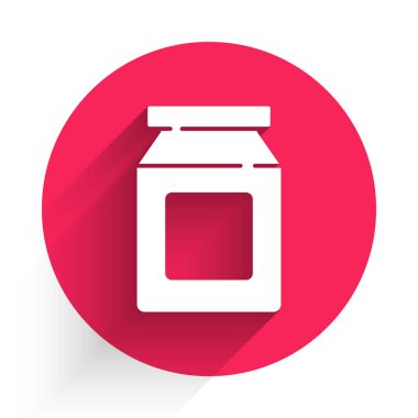 White Online sipariş ve fast food dağıtım ikonu uzun gölgeli. Kırmızı daire düğmesi. Vektör.