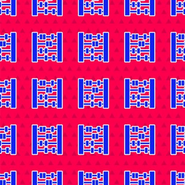 Mavi Abaküs simgesi kırmızı arkaplanda izole edilmiş. Geleneksel sayım çerçevesi. Eğitim işareti. Matematik okulu. Vektör.