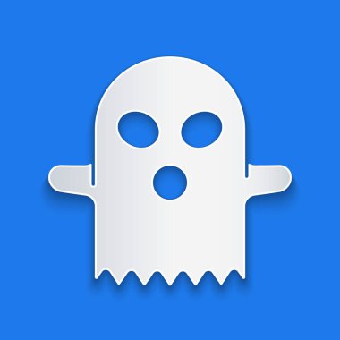 Kağıt kesiği Hayalet simgesi mavi arkaplanda izole edilmiş. Mutlu Cadılar Bayramı Partisi. Kağıt sanatı tarzı. Vektör.