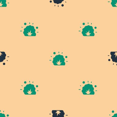 Şarapnel ve ateş topu ikonlu yeşil ve siyah bomba patlaması bej arka planda izole edilmiş. Vektör.