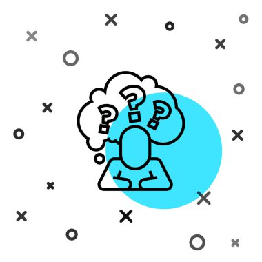 Beyaz arka planda soru işareti simgesi olan siyah çizgi insan kafası. Rastgele dinamik şekiller. Vektör.