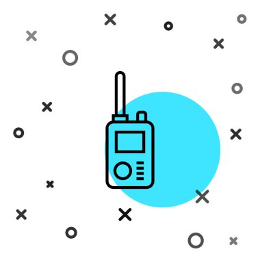 Beyaz arkaplanda siyah çizgi telsiz ikonu izole edildi. Taşınabilir radyo vericisi simgesi. Radyo alıcı-vericisi işareti. Rastgele dinamik şekiller. Vektör.