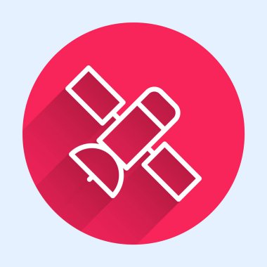 Beyaz çizgi uydu ikonu uzun gölgeli izole edildi. Kırmızı daire düğmesi. Vektör.