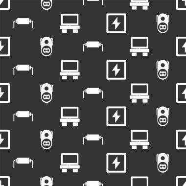 Şimşek, elektrik prizi, direnç elektriği ve fitili pürüzsüz desene ayarlayın. Vektör.