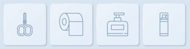 Tırnak makası, bir şişe şampuan, tuvalet kağıdı rulosu ve tıraş jeli köpüğü. Beyaz kare düğme. Vektör.