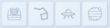 Çizgi çizgisi Astronomik Gözlemevi, UFO uçan uzay gemisi, Büyük Ayı Takımyıldızı ve Gezegen. Beyaz kare düğme. Vektör.