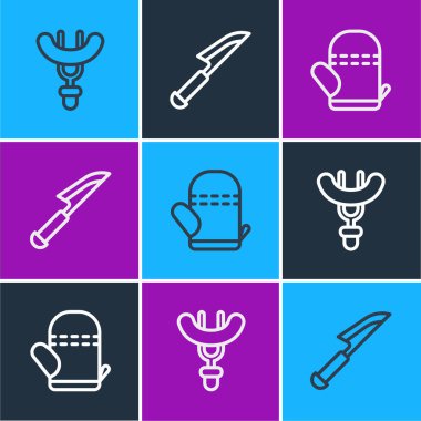 Çatala sosis, fırın eldiveni ve bıçak ikonu koyun. Vektör.