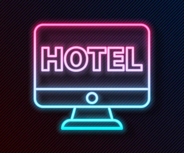 Leuchtende Leuchtschrift Online Hotelbuchung Symbol Isoliert Auf Schwarzem Hintergrund Online — Stockvektor
