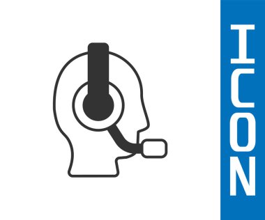 Beyaz arka planda izole edilmiş bir kulaklık simgesi olan gri adam. Destek operatörü hatta. Çağrı merkezi konsepti, müşteri destek servisi. Vektör.