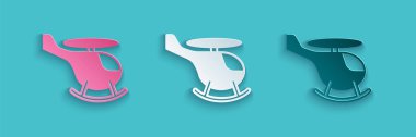 Kağıt kesiği helikopter araç ikonu mavi arka planda izole edildi. Kağıt sanatı tarzı. Vektör.