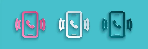 Paper Cut Telephone Hours Support Icon Isolated Blue Background All — Stock Vector