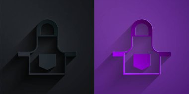 Kağıt kesiği mutfak önlüğü simgesi mor arka planda siyah üzerine izole edilmiş. Yemek pişirmek için şef üniforması. Kağıt sanatı tarzı. Vektör.