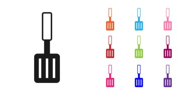 Siyah Barbekü spatula simgesi beyaz arkaplanda izole edildi. Mutfak spatula ikonu. Barbekü spatula işareti. Barbekü ve ızgara aleti. Simgeleri renklendirin. Vektör.