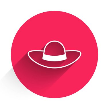 Uzun gölgeli beyaz kadın şapka ikonu. Kırmızı daire düğmesi. Vektör.