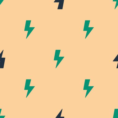 Yeşil ve siyah Şimşek simgesi bej arka planda izole edilmiş kusursuz desen. Flaş işareti. Flaş ikonunu yükle. Gök gürültüsü. Yıldırım çarpması. Vektör.
