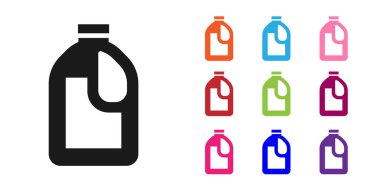 Çamaşır deterjanı, çamaşır suyu, bulaşık deterjanı ya da beyaz arka planda izole edilmiş başka bir temizlik malzemesi için siyah plastik şişe. Simgeleri renklendirin. Vektör.