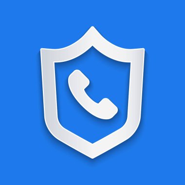 Kağıt kesiği Telefon 24 saat destek ikonu mavi arkaplanda izole edildi. Tüm gün müşteri destek merkezi. Tam zamanlı çağrı servisi. Kağıt sanatı tarzı. Vektör.
