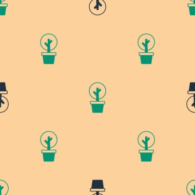 Yeşil ve siyah ağaç simgesi, bej arkaplandaki kusursuz deseni izole etti. Orman sembolü. Vektör.