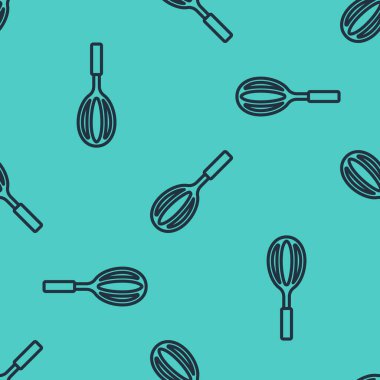 Siyah çizgi Mutfak çırpma simgesi yeşil arka planda izole edilmiş pürüzsüz desen. Mutfak aletleri, yumurta çırpıcı. Çatal bıçak seti. Yemek karışımı sembolü. Vektör.