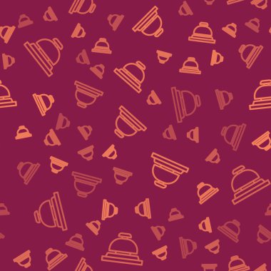 Kahverengi çizgi otel servis çanı simgesi kırmızı arkaplanda kusursuz desen izole etti. Resepsiyon zili. Vektör.