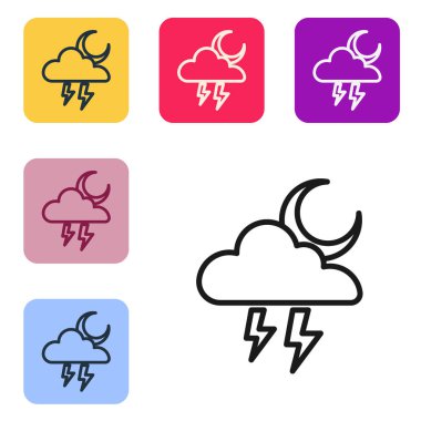 Siyah çizgi Storm simgesi beyaz arkaplanda izole edildi. Şimşek ve ay işareti olan bir bulut. Fırtınanın hava durumu ikonu. Renkli kare düğmelerle simgeleri ayarla. Vektör.