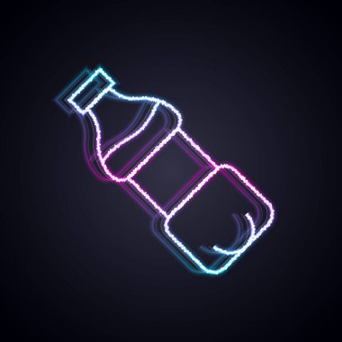 Parlayan neon hattı. Siyah arka planda izole edilmiş bir su ikonu şişesi. Soda su içme tabelası. Vektör.