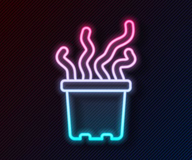 Parlayan neon hattı siyah arkaplanda izole edilmiş tencere ikonundaki egzotik tropikal bitki. Vektör.