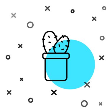 Siyah çizgi kaktüs kaktüs kaktüsü beyaz arka planda izole edilmiş tencere simgesi. Tencerede yetişen bir bitki. Saksı bitkisi işareti. Rastgele dinamik şekiller. Vektör.