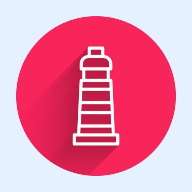 Beyaz çizgi deniz feneri ikonu uzun gölgeli izole edilmiş. Kırmızı daire düğmesi. Vektör.