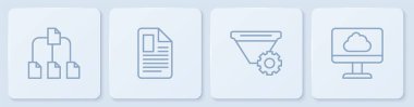 Satır Dizini Ağacı, Süzgeç Ayarları, Dosya Belgesi ve Bulut teknoloji veri transferini ayarla. Beyaz kare düğme. Vektör