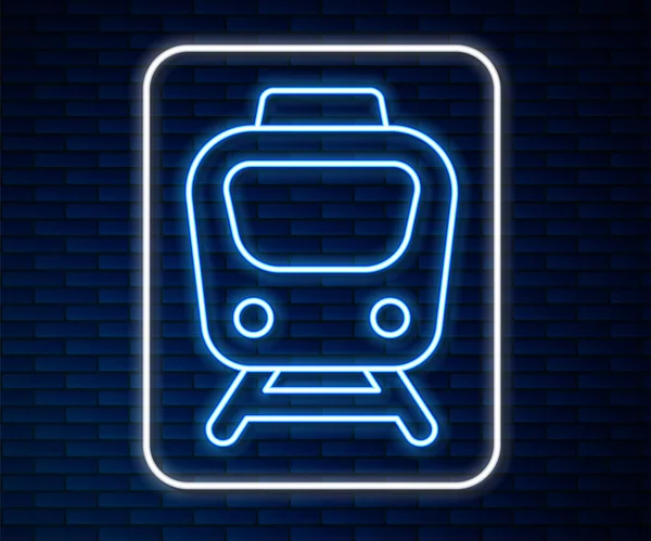 Glowing Neon Line Train Icon Isolated Brick Wall Background Public — Stock Vector