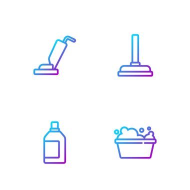 Sabun köpüklü leğen, temizlik malzemesi şişesi, elektrikli süpürge ve plastik pompa. Renk simgeleri. Vektör