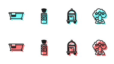 Satır Bavulu, Küvet, Uzaktan Kumanda ve Beş Yıldızlı Değerlendirme Simgesi. Vektör