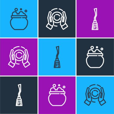 Cadı kazanı, cadı süpürgesi ve sihirli top el ikonu. Vektör