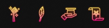 Sihirbaz şapkası, asa, tüy ve Eskiler 'in sihirli kitabı. Parlayan neon ikonu. Vektör