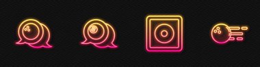 Çizgi çizgisi bilardo tebeşiri, bowling topu ve... Parlayan neon ikonu. Vektör