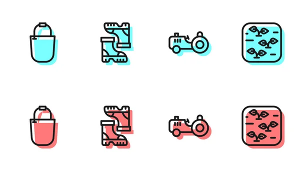 Set Línea Tractor Cubo Bota Goma Impermeable Icono Planta Vector — Vector de stock