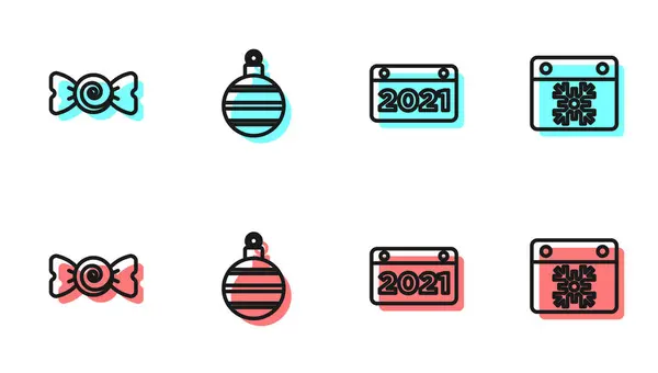 Set Line Calendar Candy Christmas Ball Icon Vector — Stock Vector