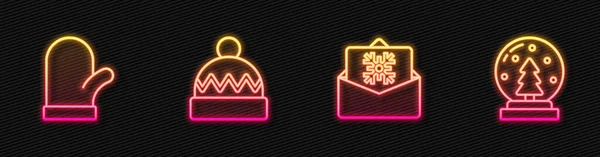 Set Line Kerstkaart Wanten Wintermuts Sneeuwbol Een Gloeiend Neon Icoon — Stockvector