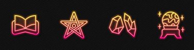 Sabit çizgi sihirli taş, Kadim sihirli kitap, pentagram ve top. Parlayan neon ikonu. Vektör
