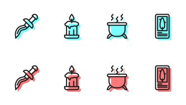 Cadı kazanı, hançer, yanan mum ve Tarot kartı ikonu. Vektör