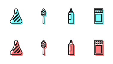 Sos şişesi, biftek, kibrit kutusu ve kibrit kutusuyla kibrit yakma kibriti. Vektör