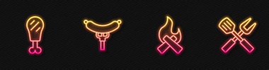 Kamp ateşi, tavuk budu, çatalda sosis çapraz ve spatula. Parlayan neon ikonu. Vektör