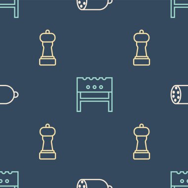 Salami sosisi, Pepper ve BBBQ Brezilya peynirini pürüzsüz desene göre ayarla. Vektör