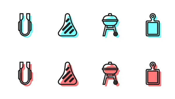 Állítsa Vonal Grill Grill Húsfogó Steak Hús Vágódeszka Ikon Vektor — Stock Vector