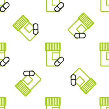 Hat ilacı şişesi ve hap ikonu beyaz arka planda izole edilmiş kusursuz desen. Şişe hapı işareti. Eczane tasarımı. Renkli taslak konsepti. Vektör İllüstrasyonu..