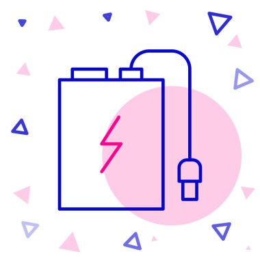 Beyaz arka planda farklı şarj kablosu simgesine sahip Hat Gücü Bankası. Taşınabilir şarj cihazı. Renkli taslak konsepti. Vektör İllüstrasyonu.