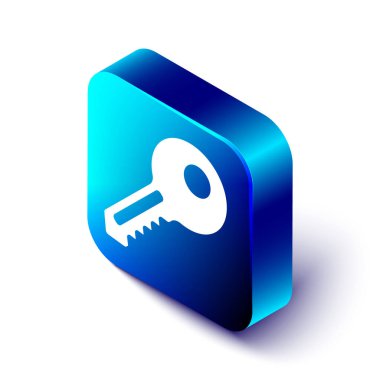 Beyaz arkaplanda Isometric Key simgesi izole edildi. Mavi kare düğme. Vektör İllüstrasyonu.