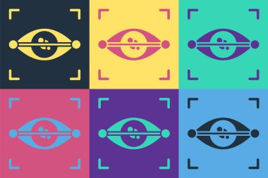 Pop Art Eye göz tarama simgesi renk arkaplanında izole edildi. Göz taraması yapılıyor. Güvenlik kontrol sembolü. Siber göz işareti. Vektör.