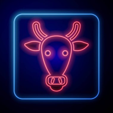 Parlayan neon renkli inek baş simgesi mavi arkaplanda izole edildi. Vektör.